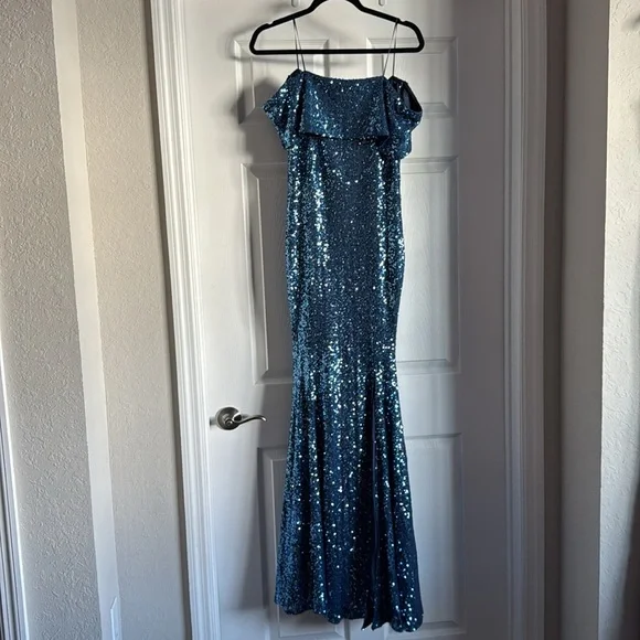Yvonne Off Shoulder Sequin Gown | Blue - Baltic Born Never Worn size Medium - Picture 7 of 11